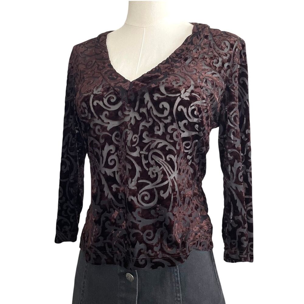Bebe Moda Burnout Velvet Brown V-Neck Top, Women’s L Whimsygoth Y2K 90s Romantic